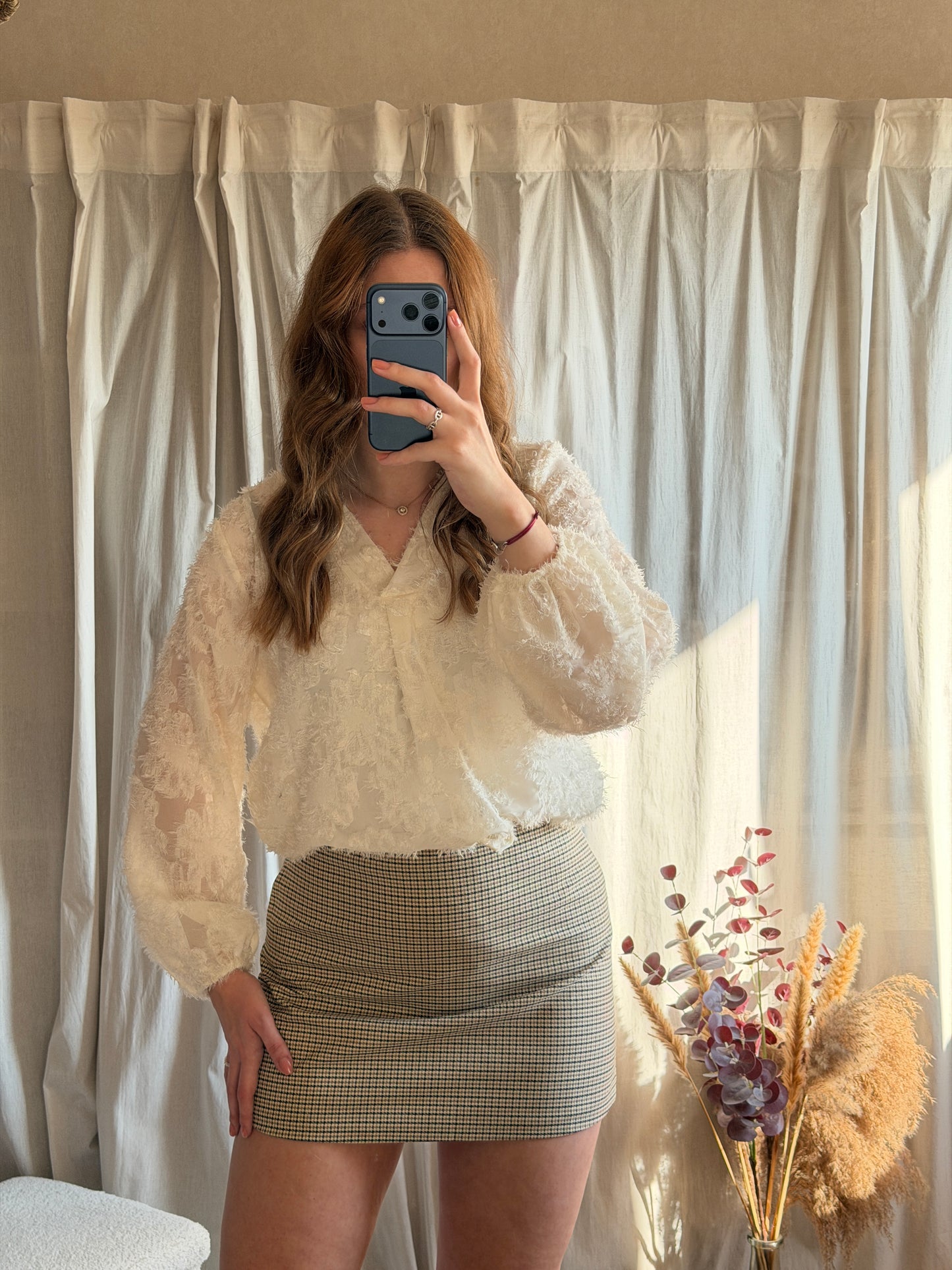 Blouse beige motifs fleuris
