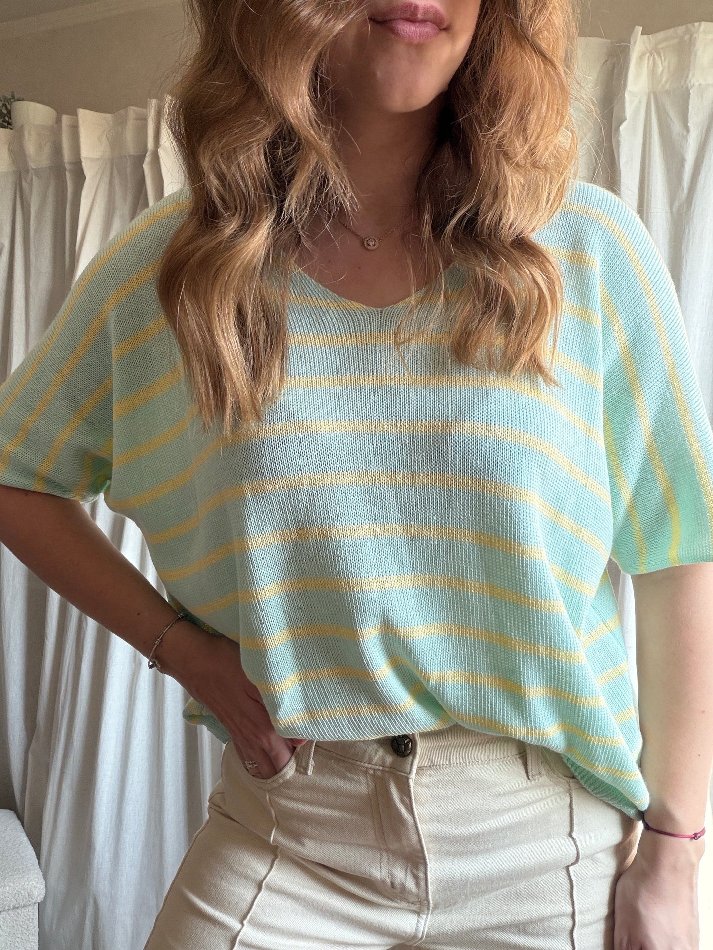 T-shirt marinière en maille - vert d'eau et jaune
