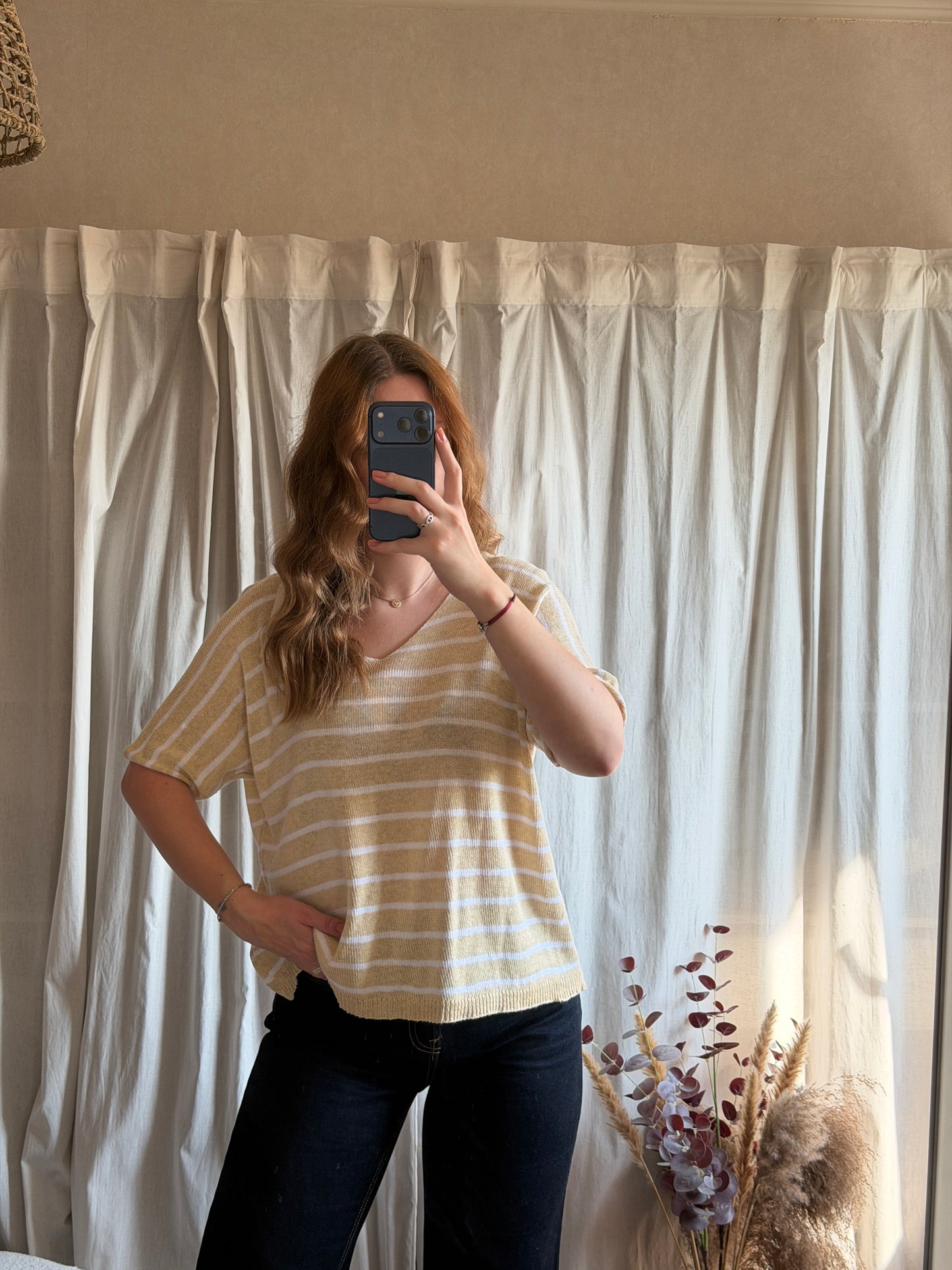 T-shirt marinière en maille - beige