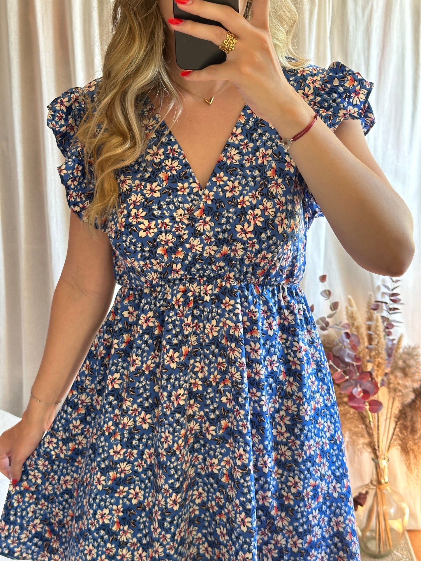 Robe courte bleu à fleurs