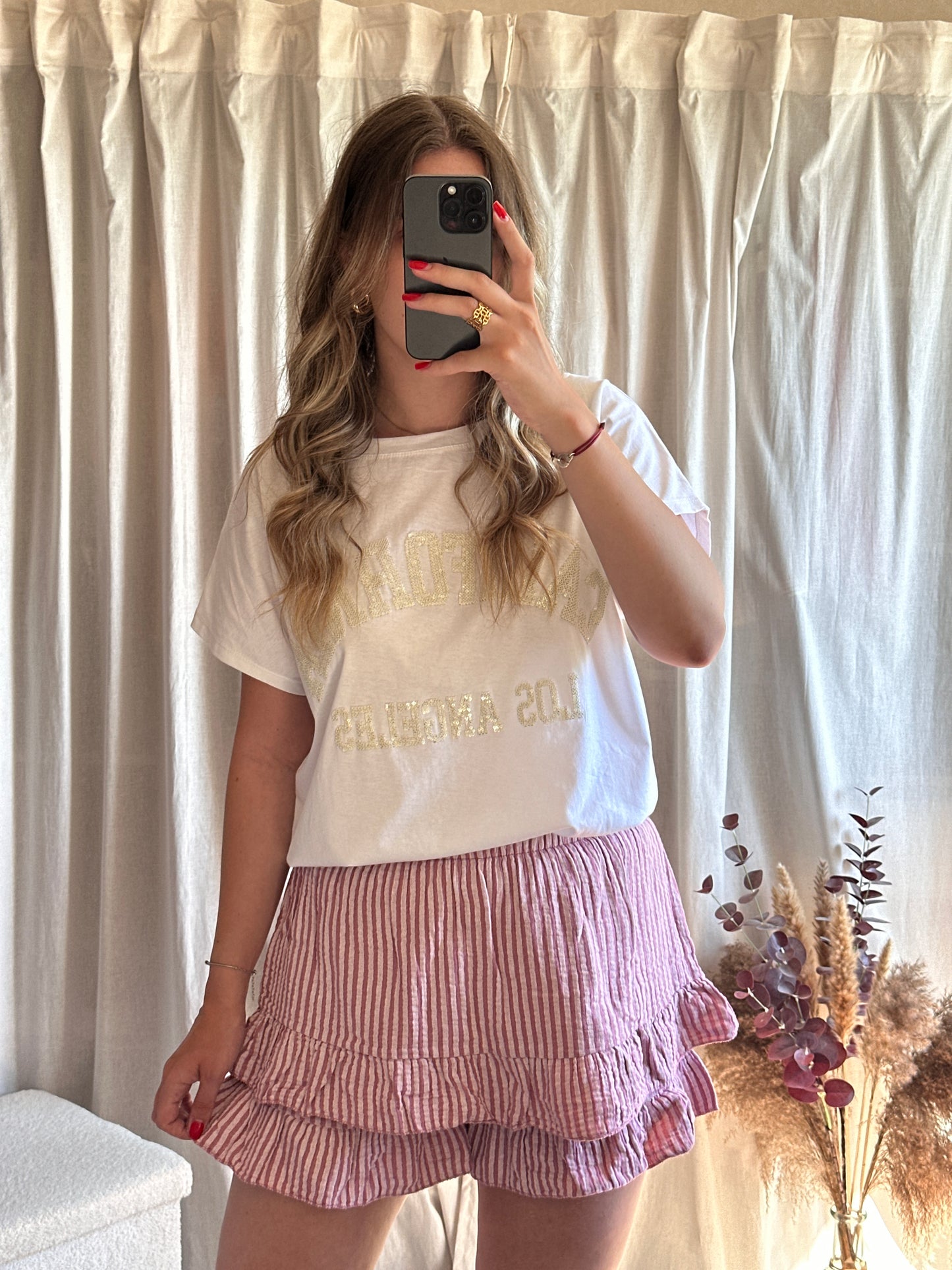 Jupe short à rayures rose 100% coton