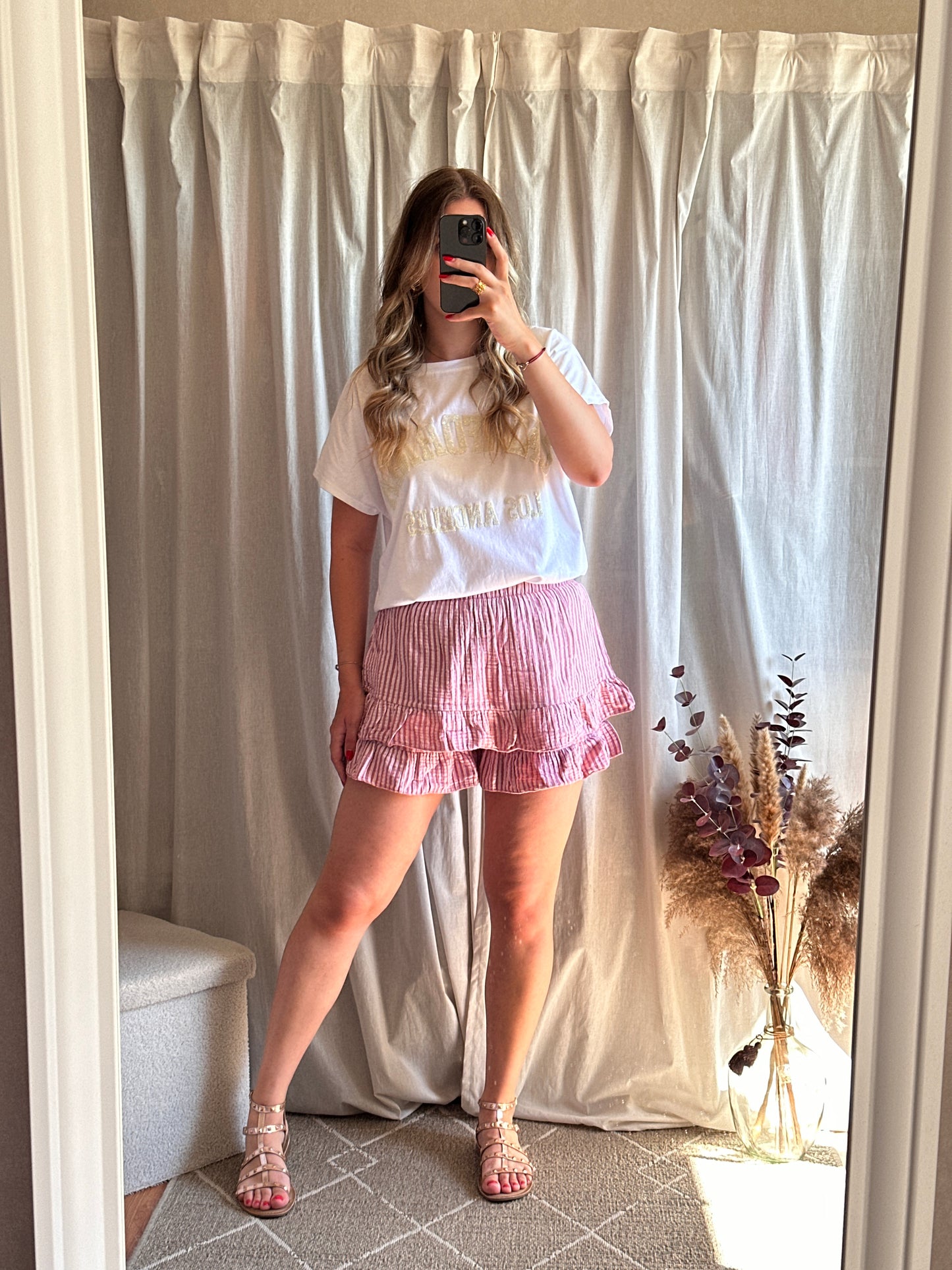 Jupe short à rayures rose 100% coton