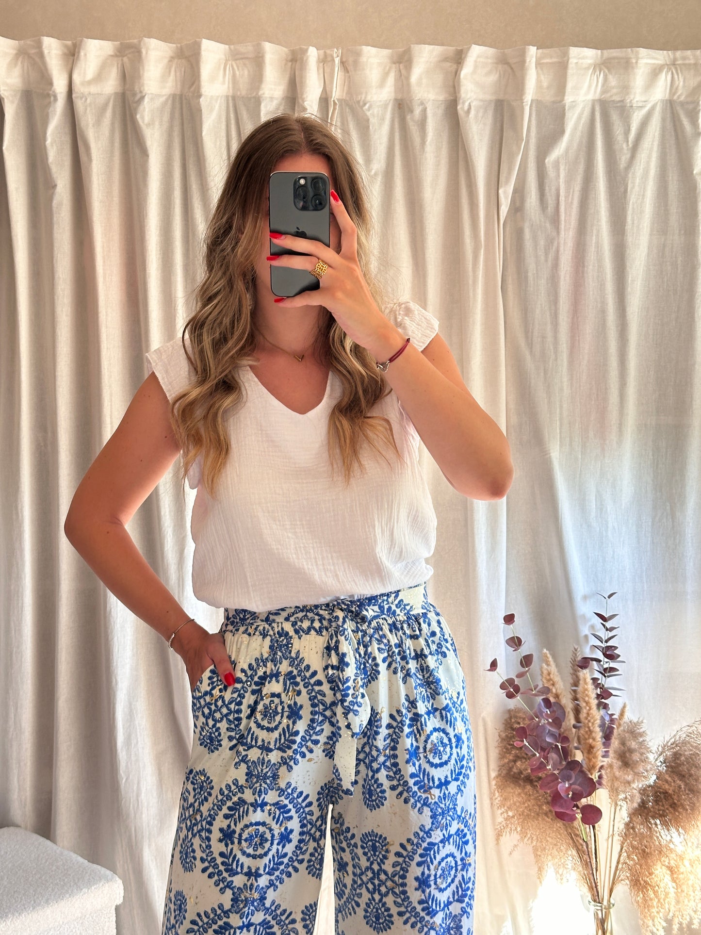 Pantalon fluide à motif bleu