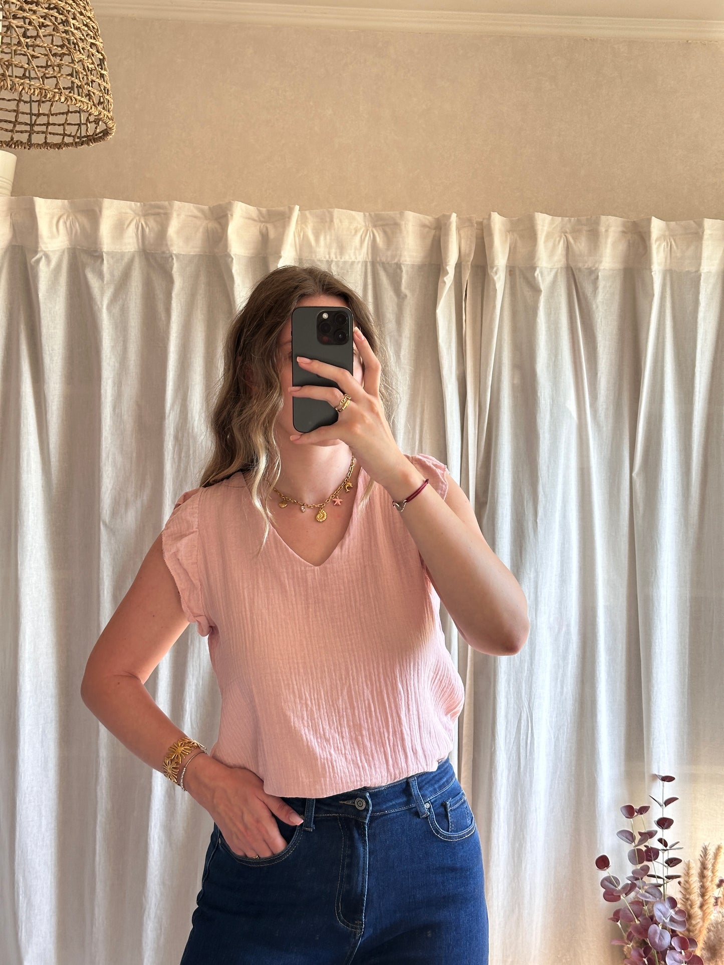 Débardeur rose en gaze de coton