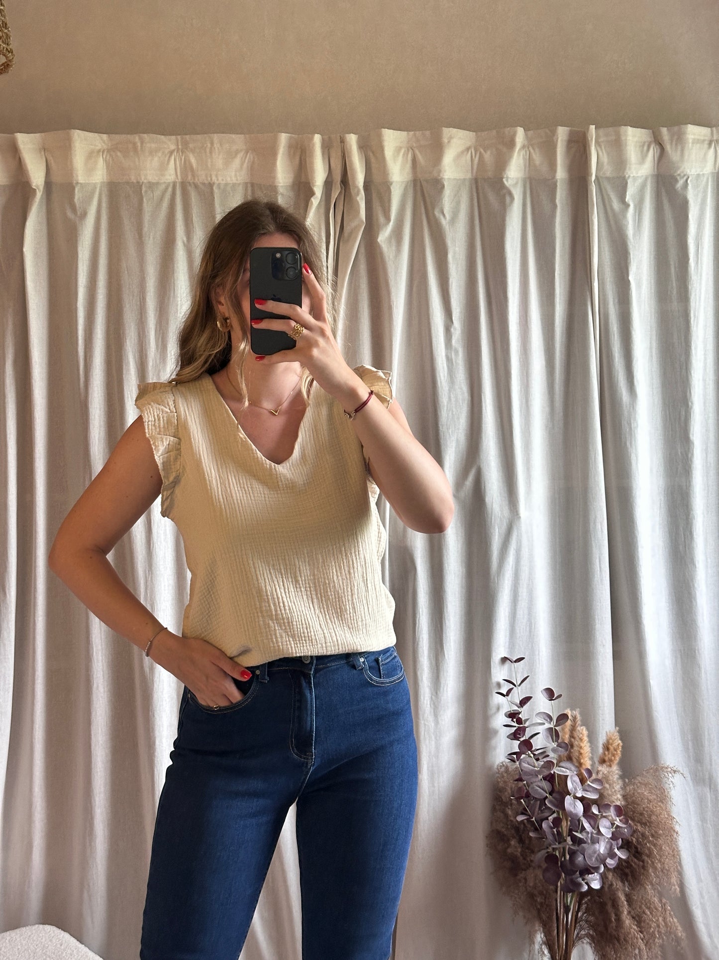 Débardeur beige en gaze de coton