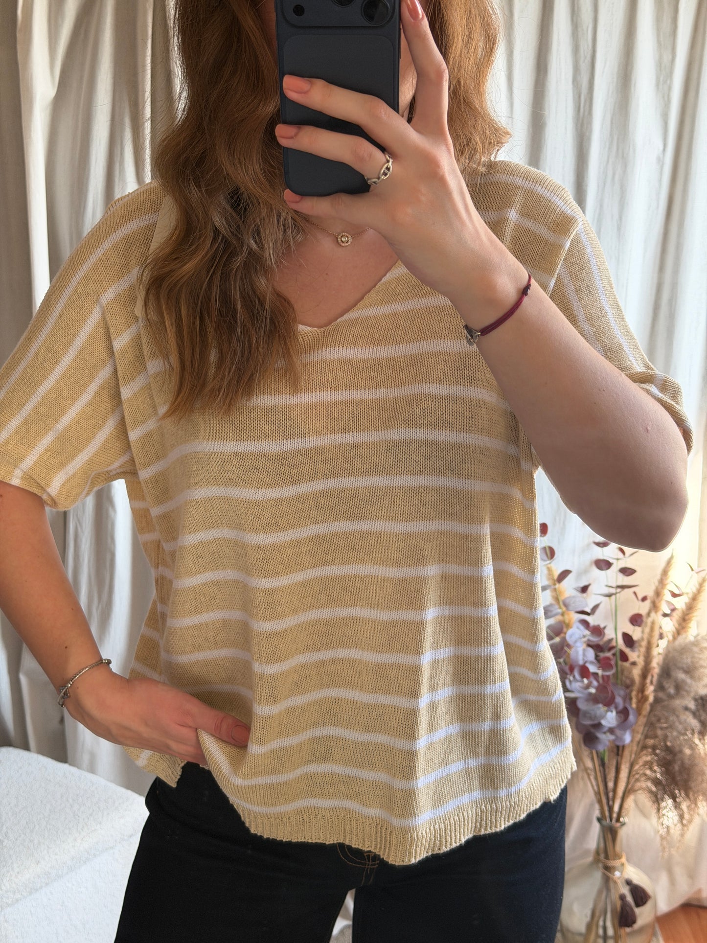 T-shirt marinière en maille - beige