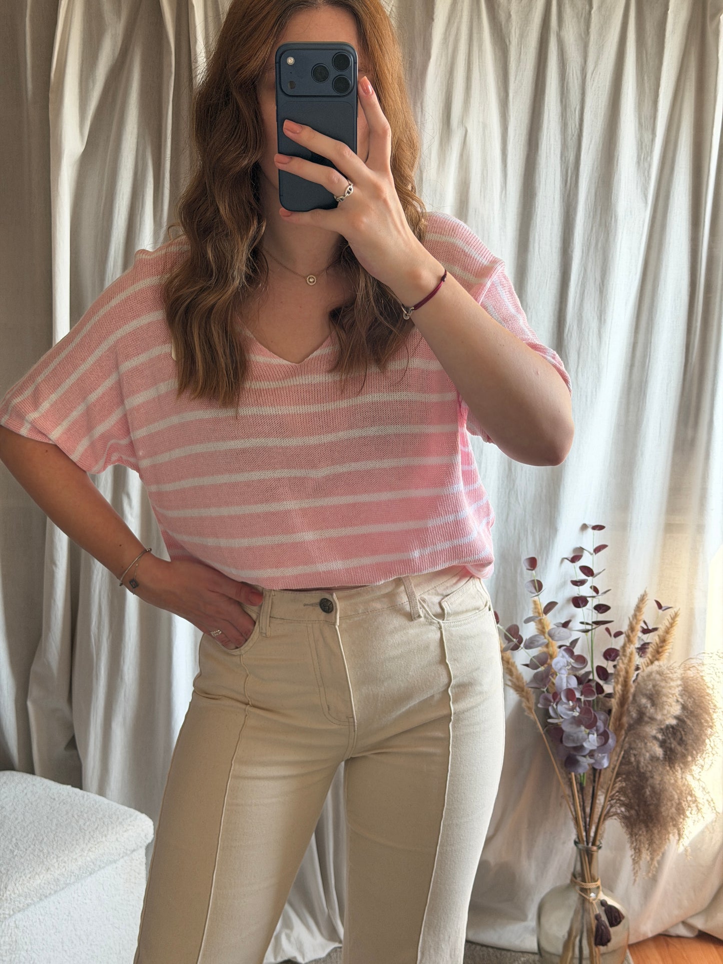 T-shirt marinière en maille - rose