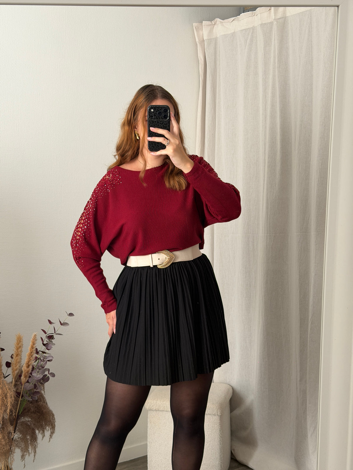 Pull bordeaux manches dentelle