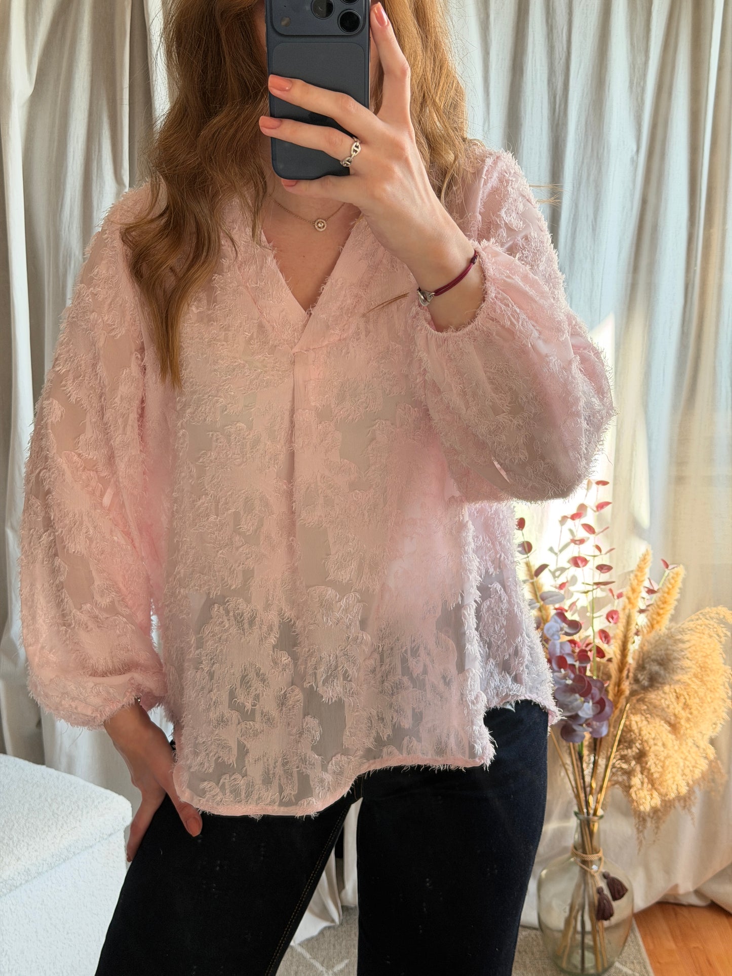 Blouse rose motifs fleuris