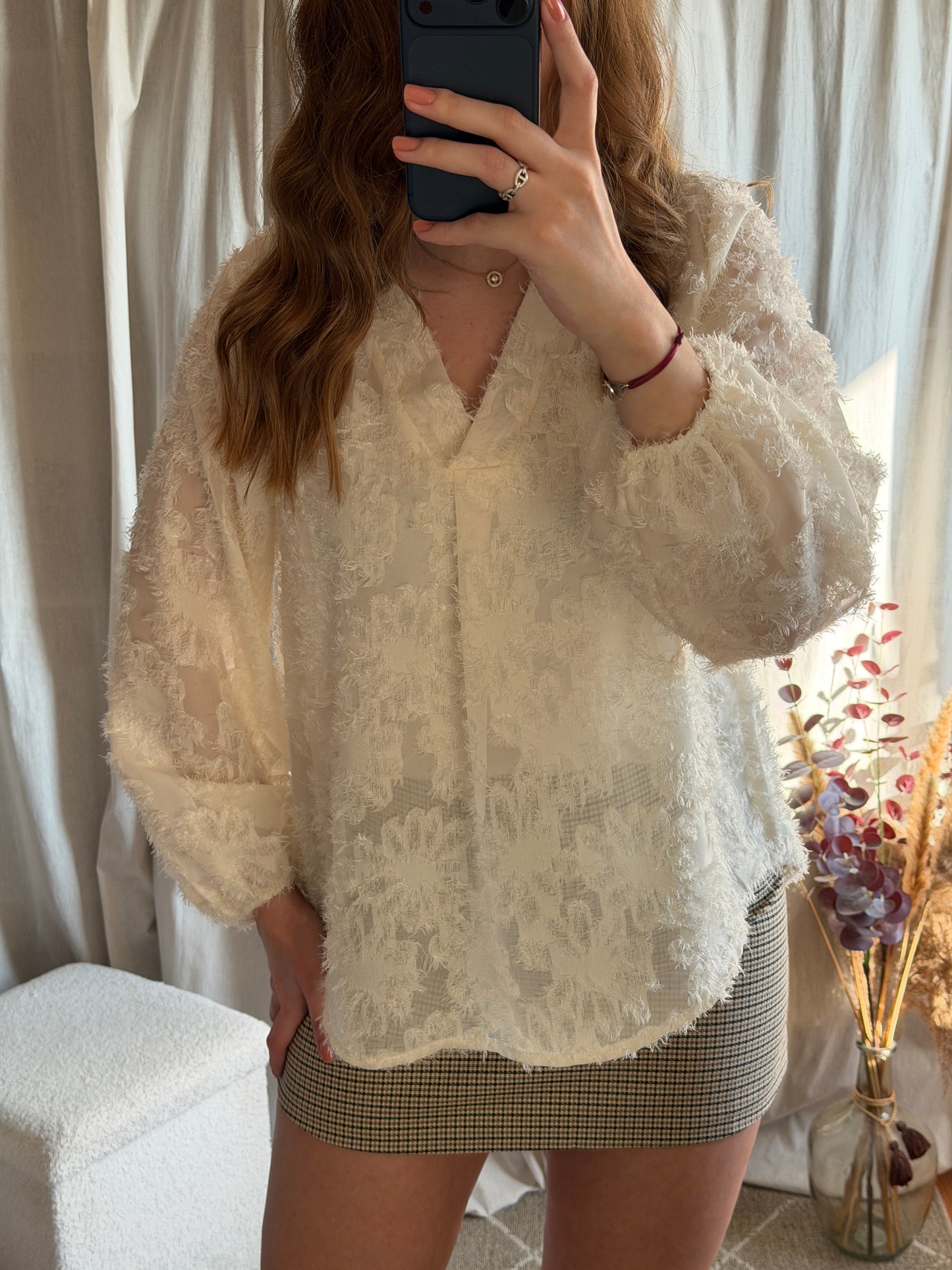 Blouse beige motifs fleuris