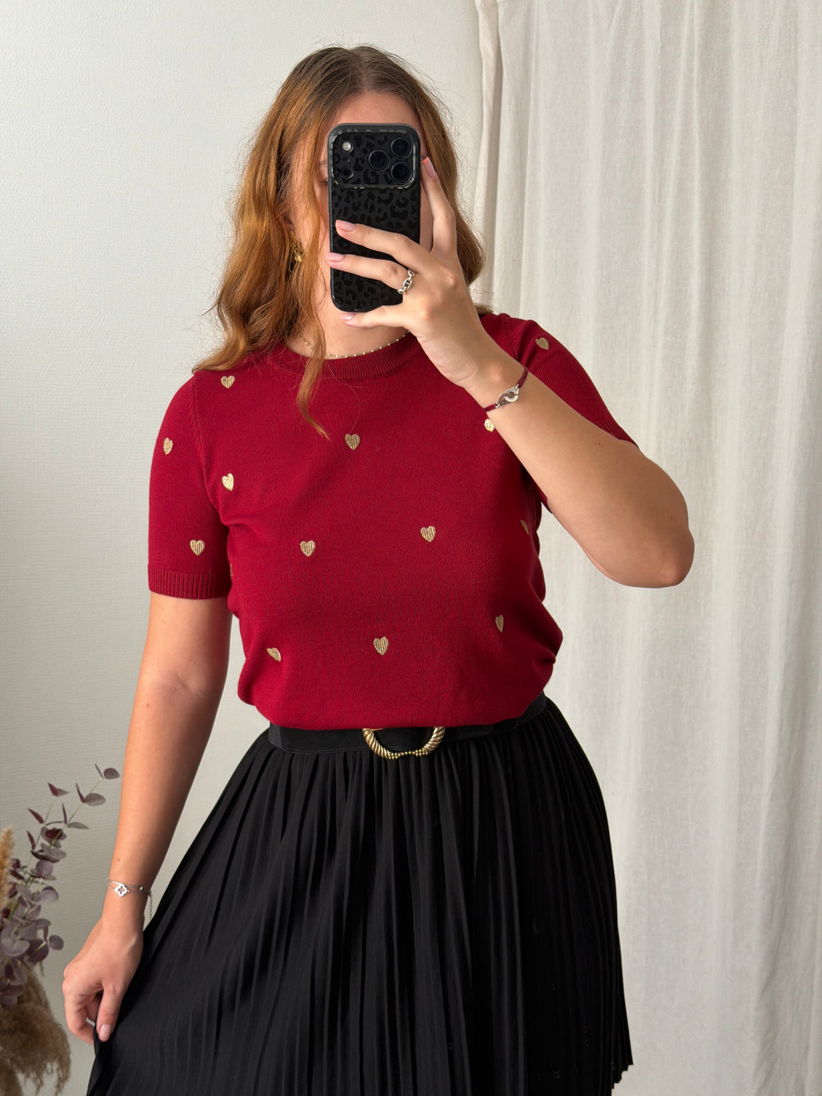 Pull manches courtes broderies coeurs - Bordeaux