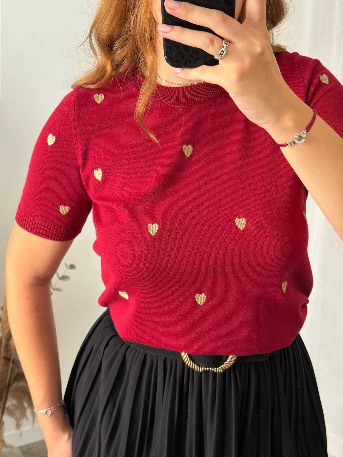 Pull manches courtes broderies coeurs - Bordeaux