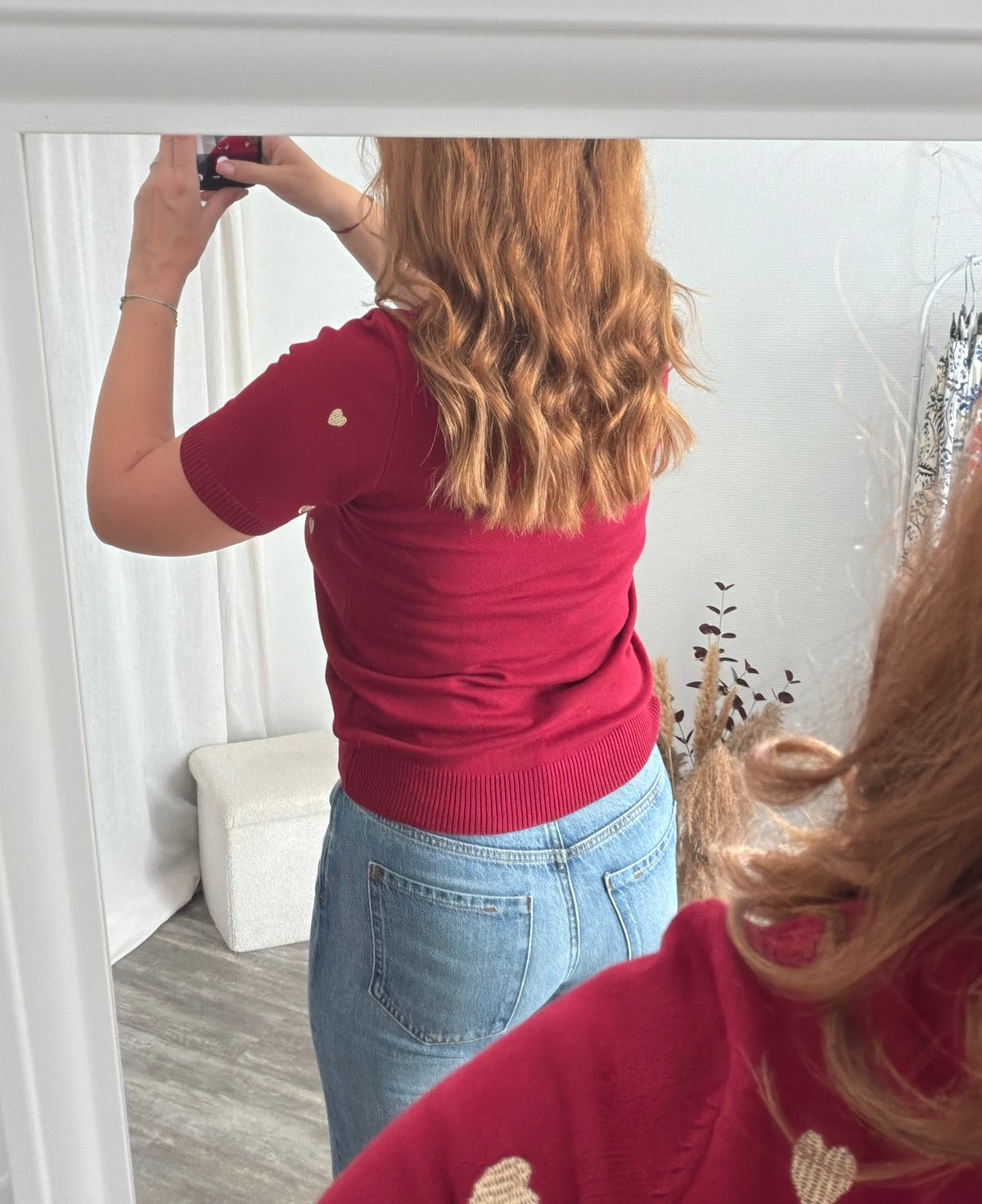 Pull manches courtes broderies coeurs - Bordeaux