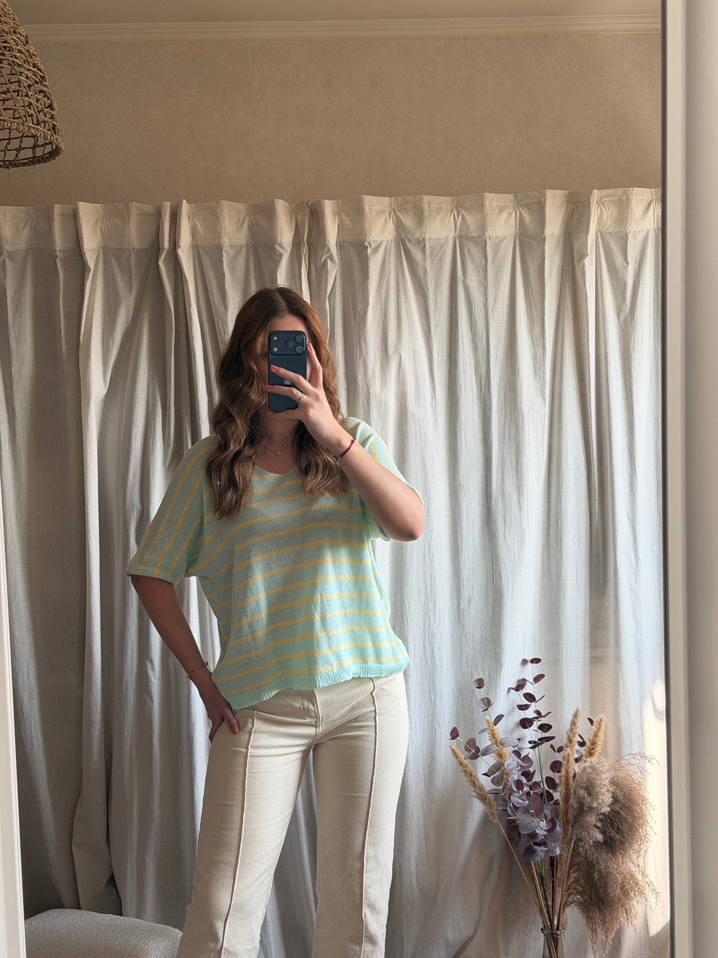 T-shirt marinière en maille - vert d'eau et jaune