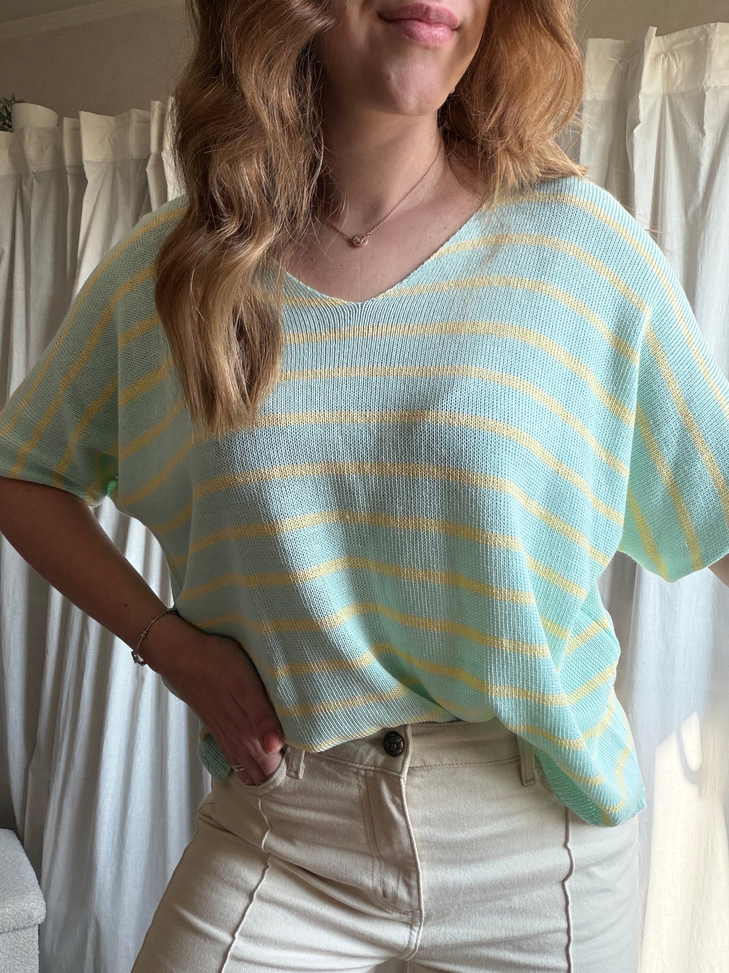 T-shirt marinière en maille - vert d'eau et jaune
