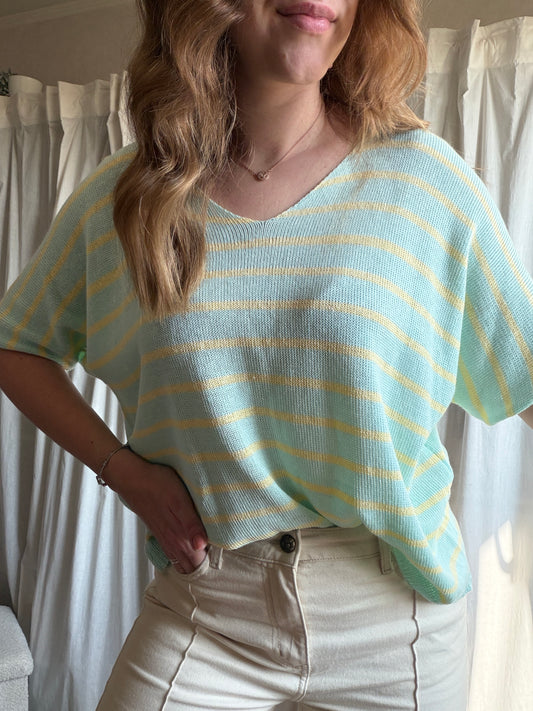 T-shirt marinière en maille - vert d'eau et jaune