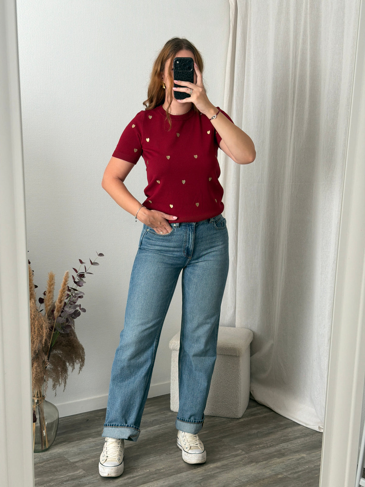 Pull manches courtes broderies coeurs - Bordeaux
