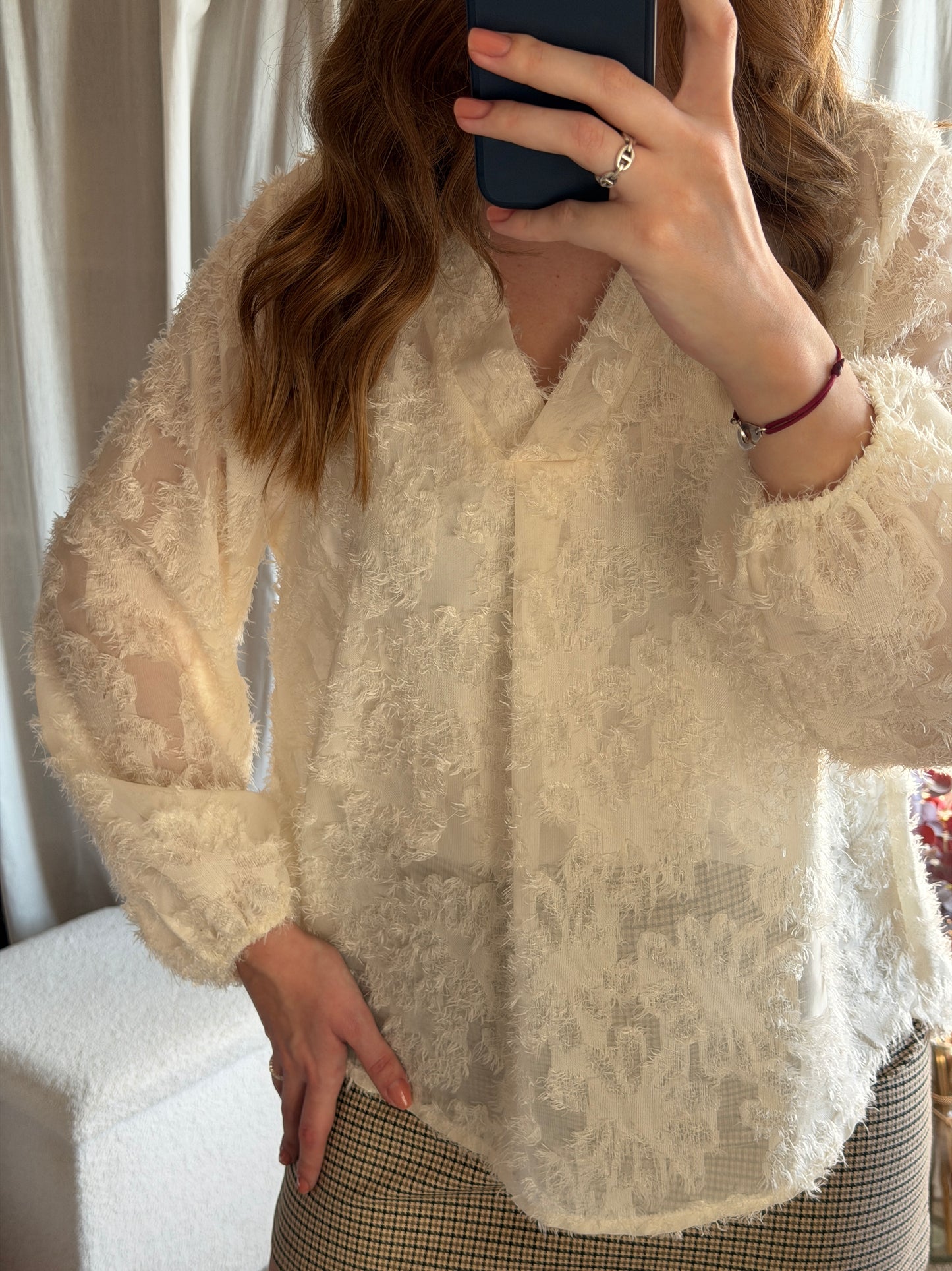 Blouse beige motifs fleuris