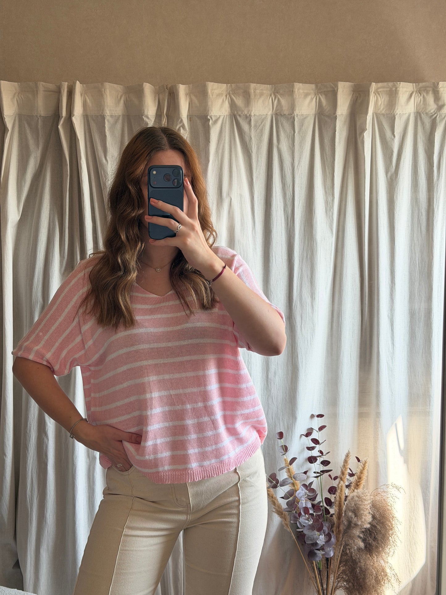 T-shirt marinière en maille - rose