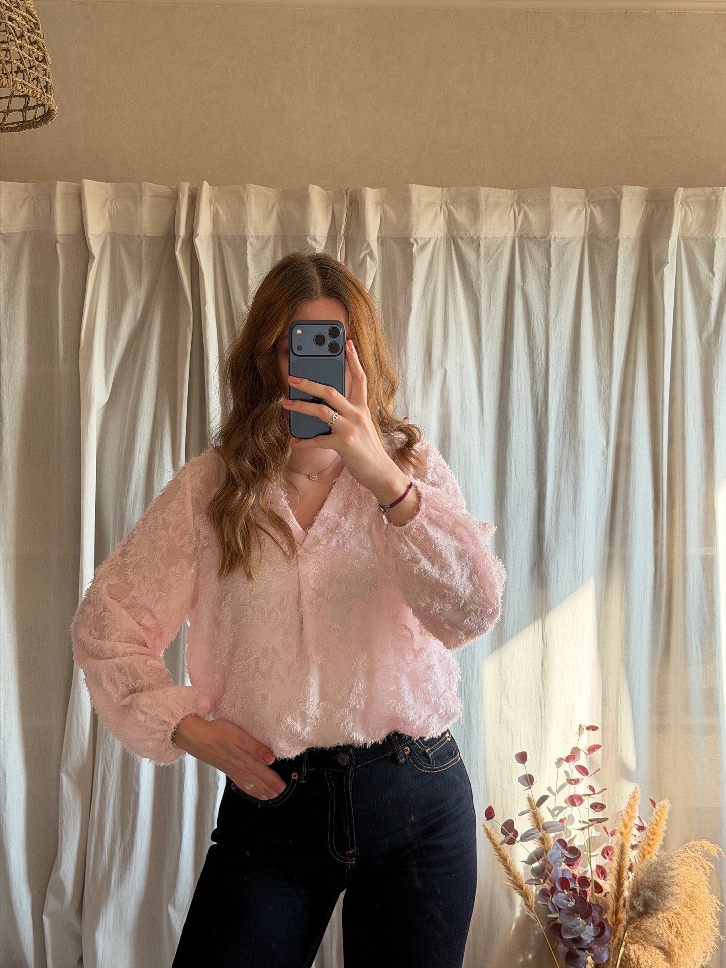 Blouse rose motifs fleuris