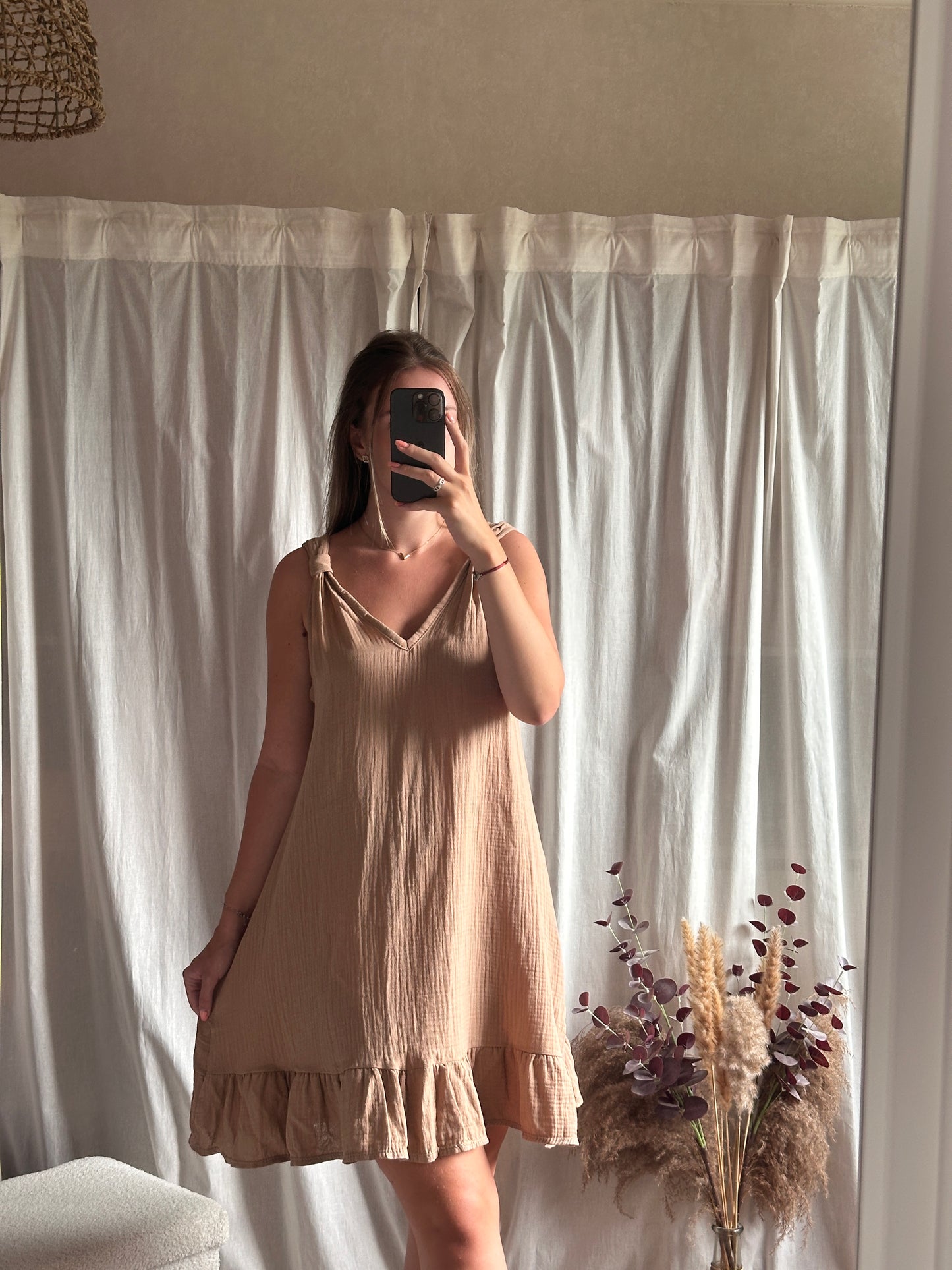 Robe camel en gaze de coton