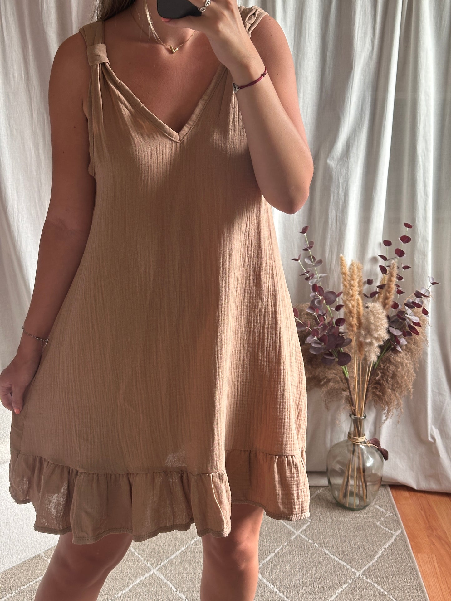 Robe camel en gaze de coton