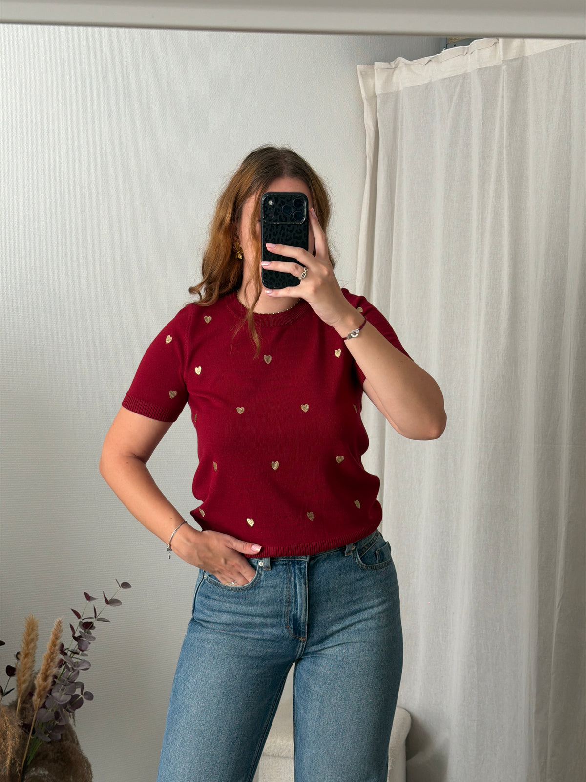 Pull manches courtes broderies coeurs - Bordeaux