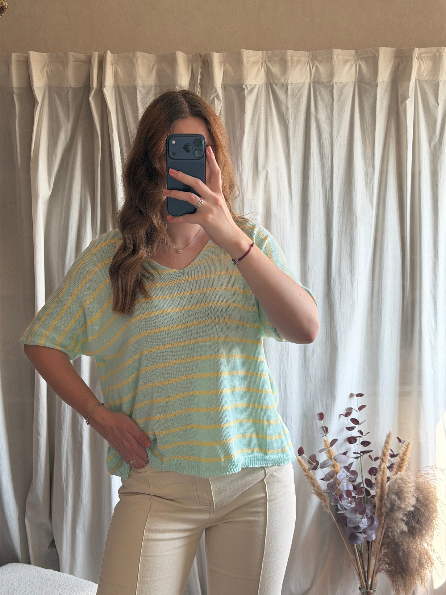 T-shirt marinière en maille - vert d'eau et jaune