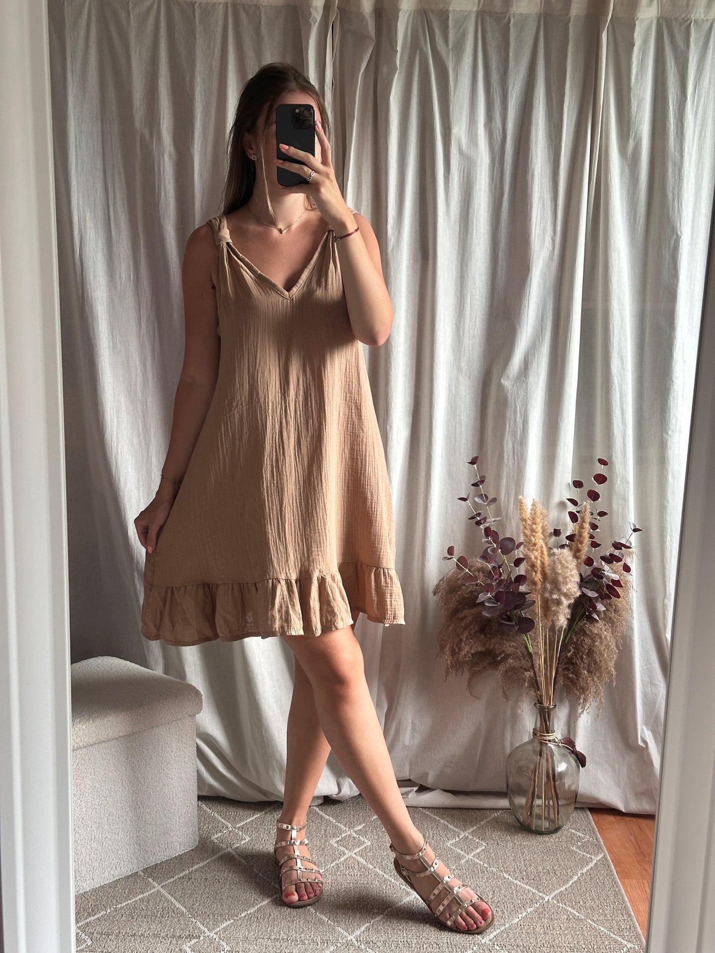 Robe camel en gaze de coton
