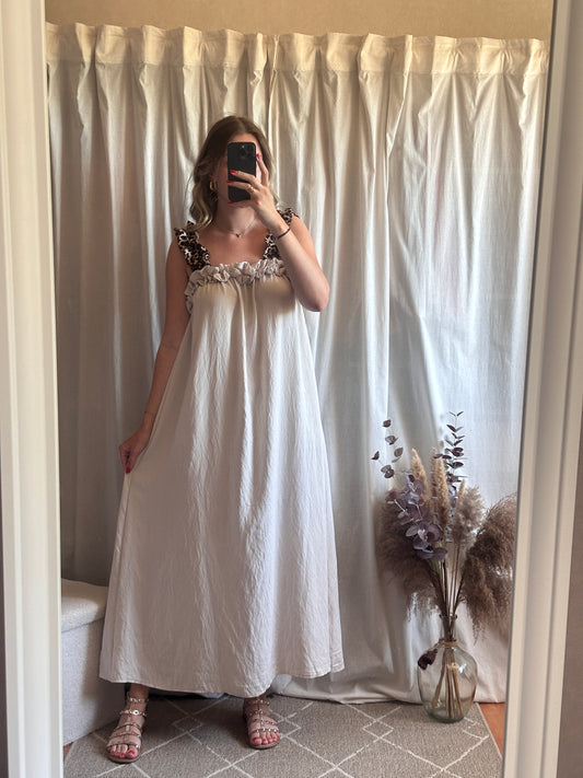 Robe longue beige bretelle léopard
