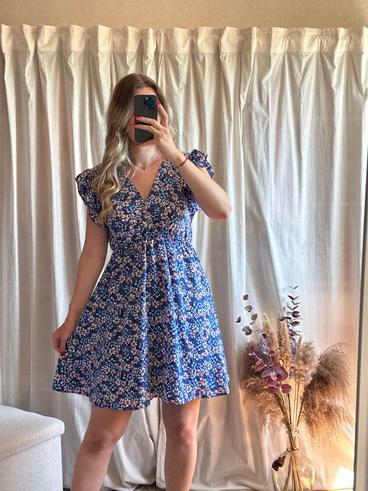 Robe courte bleu à fleurs
