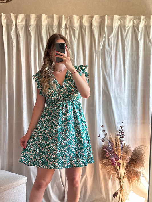 Robe courte verte à fleurs