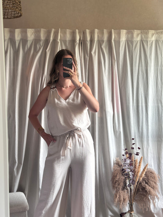 Top col V bretelles anneaux beige