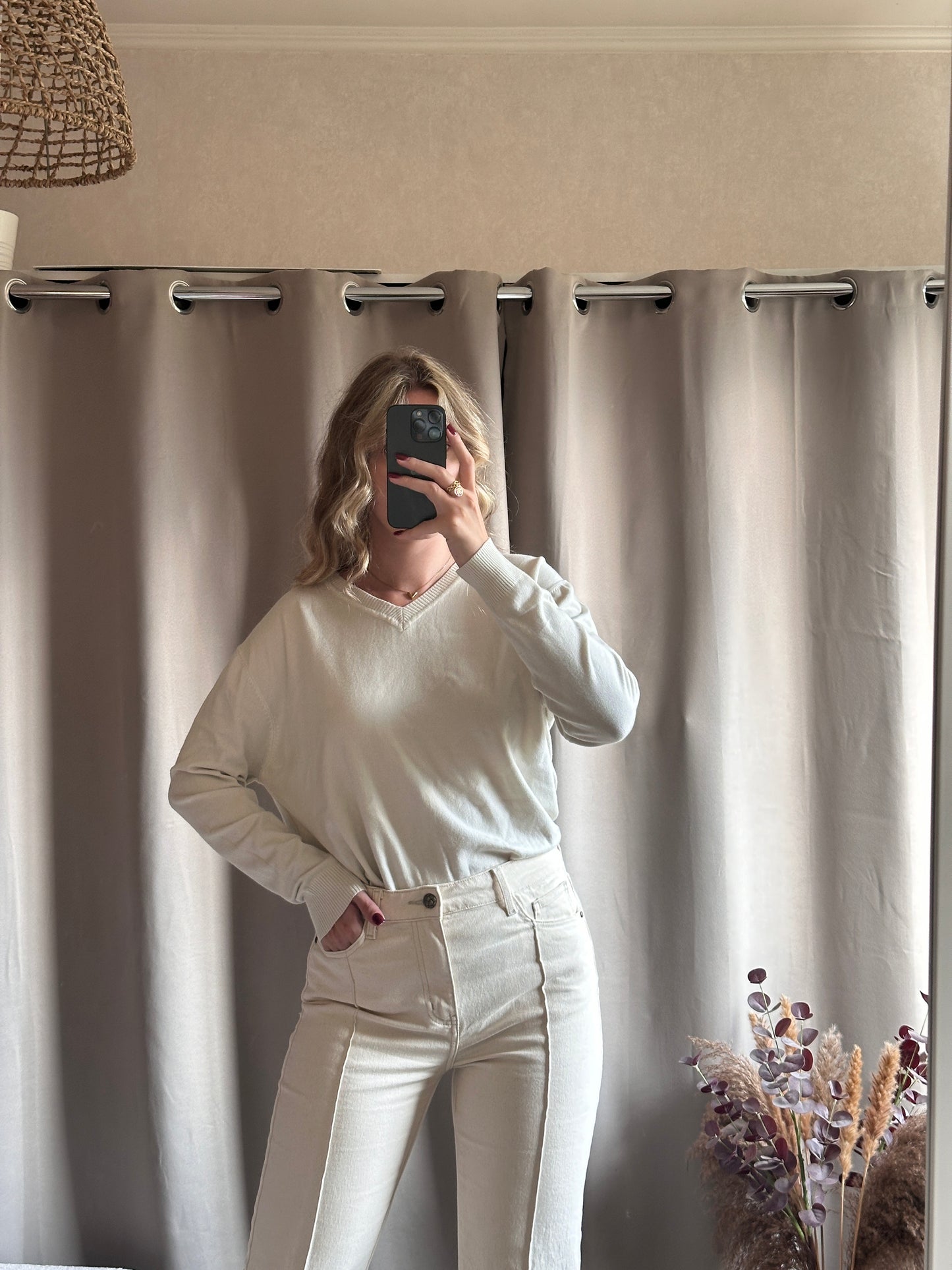 Pull col V doux Ecru