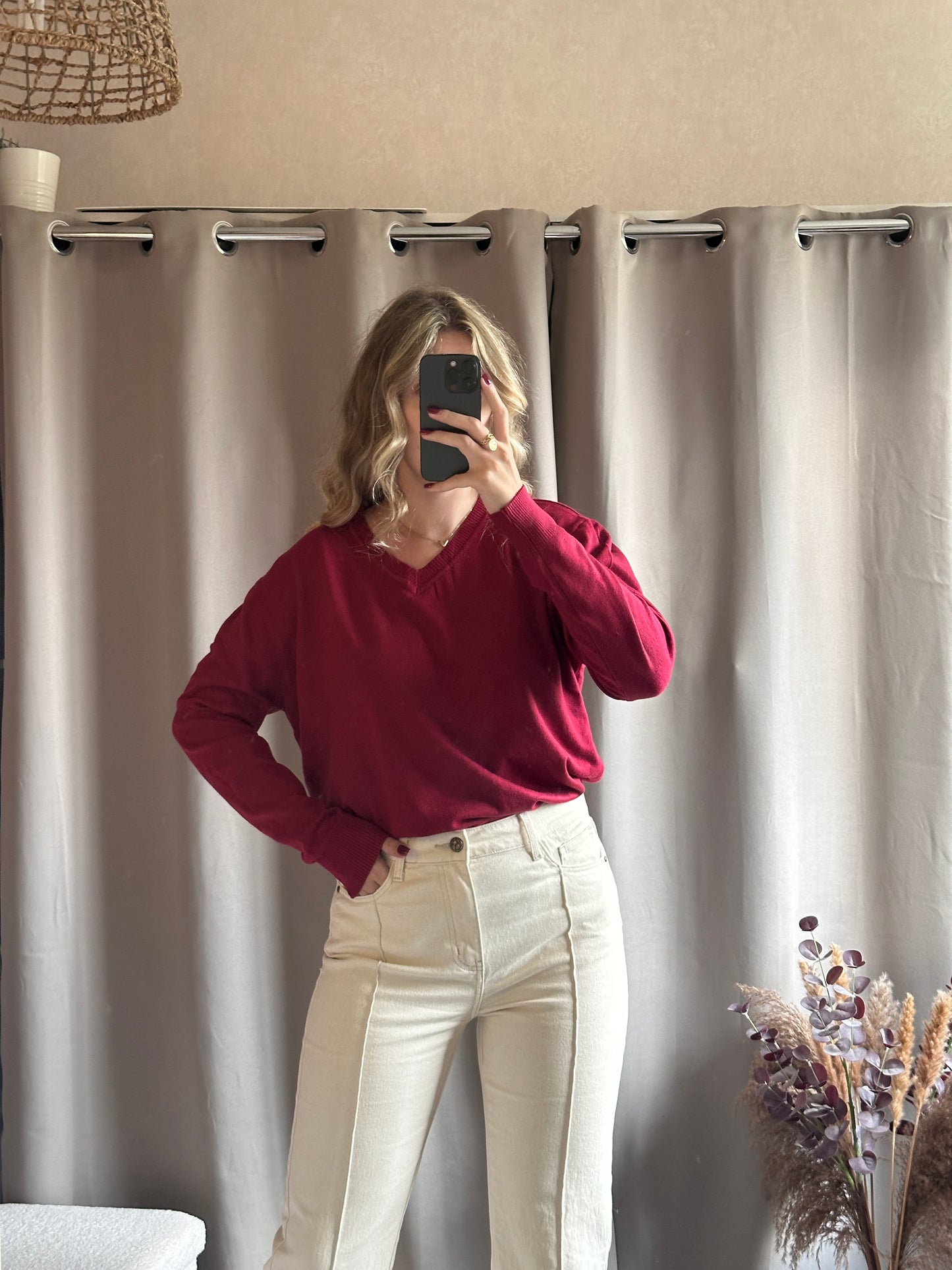 Pull col V doux Bordeaux
