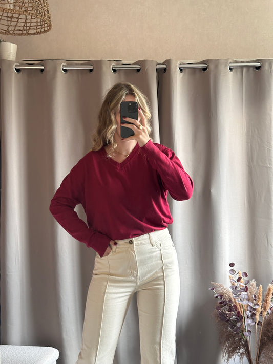 Pull col V doux Bordeaux
