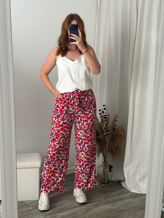 Pantalon fluide rouge motif fleurs