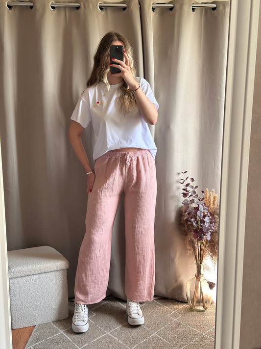 Pantalon rose en gaze de coton